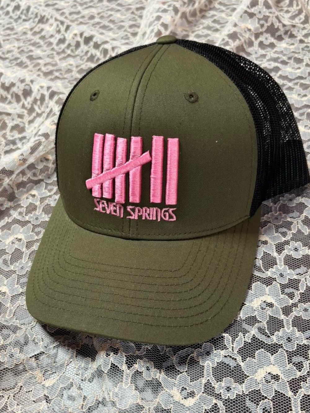 Seven Springs Olive Green & Pink Trucker Hat